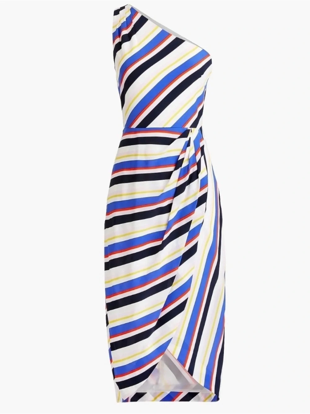 J Crew Sz 6 One-Shoulder Striped Midi Dress in White and Navy Blue